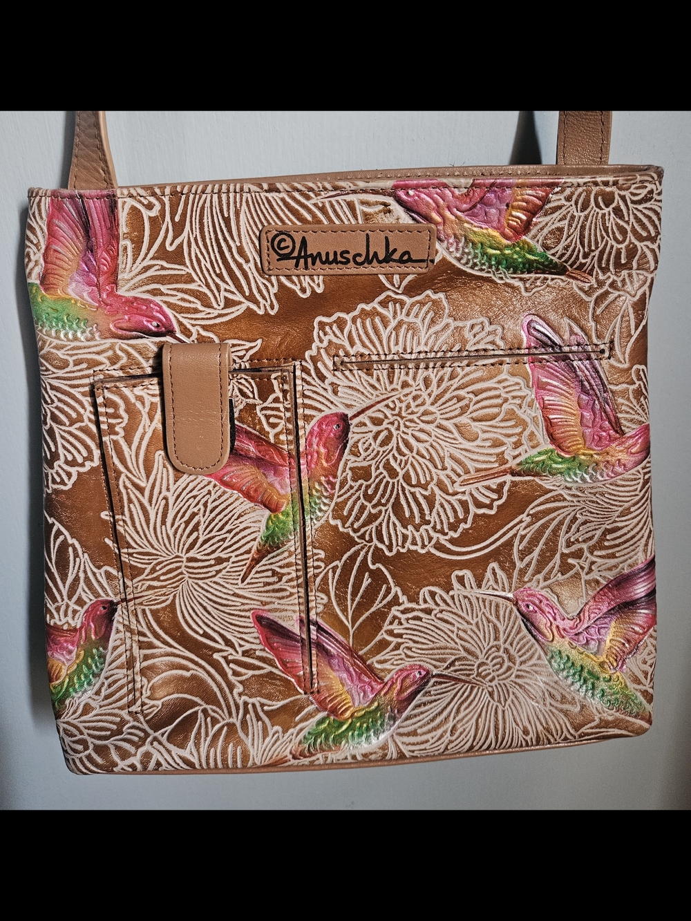 Anuschka Tan Leather Purse with Pink & Green Hummingbirds